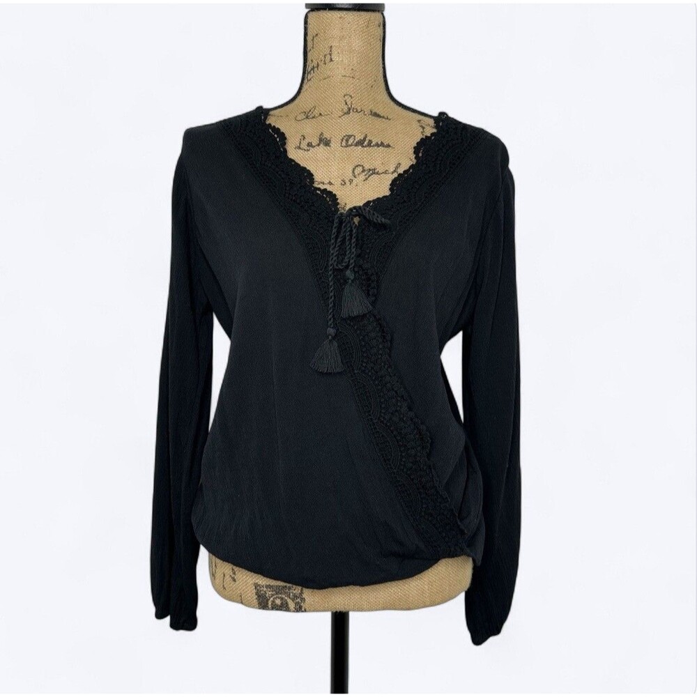 Hollister Faux Wrap Blouse Sz M Black Gauzy Long Sleeve Tie Lace Boho Hippie